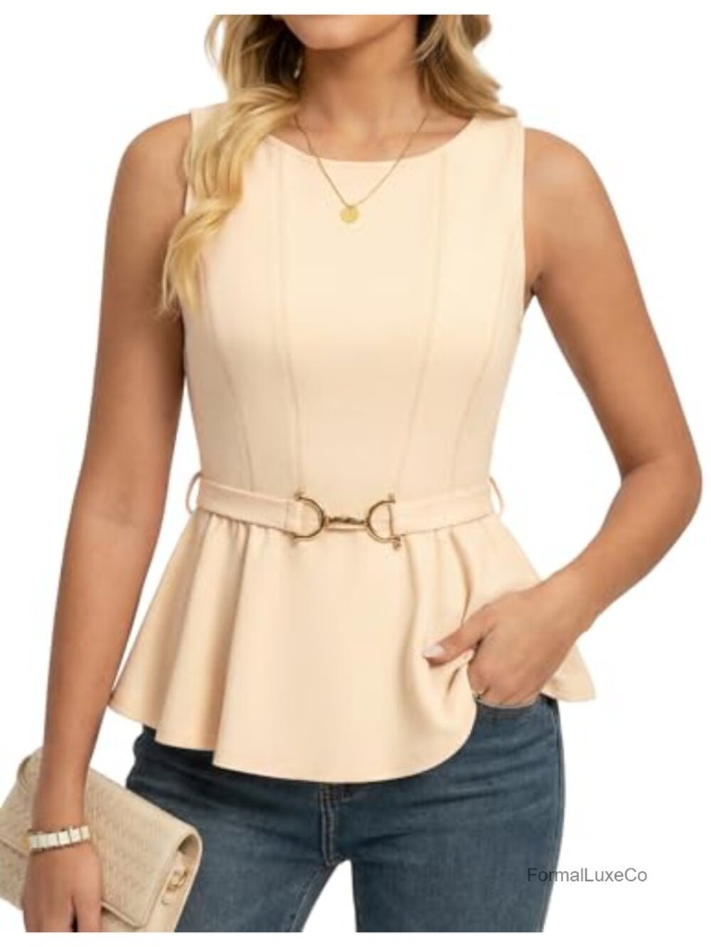 Sleeveless Peplum Blouse with Tie Belt Business Casual Top